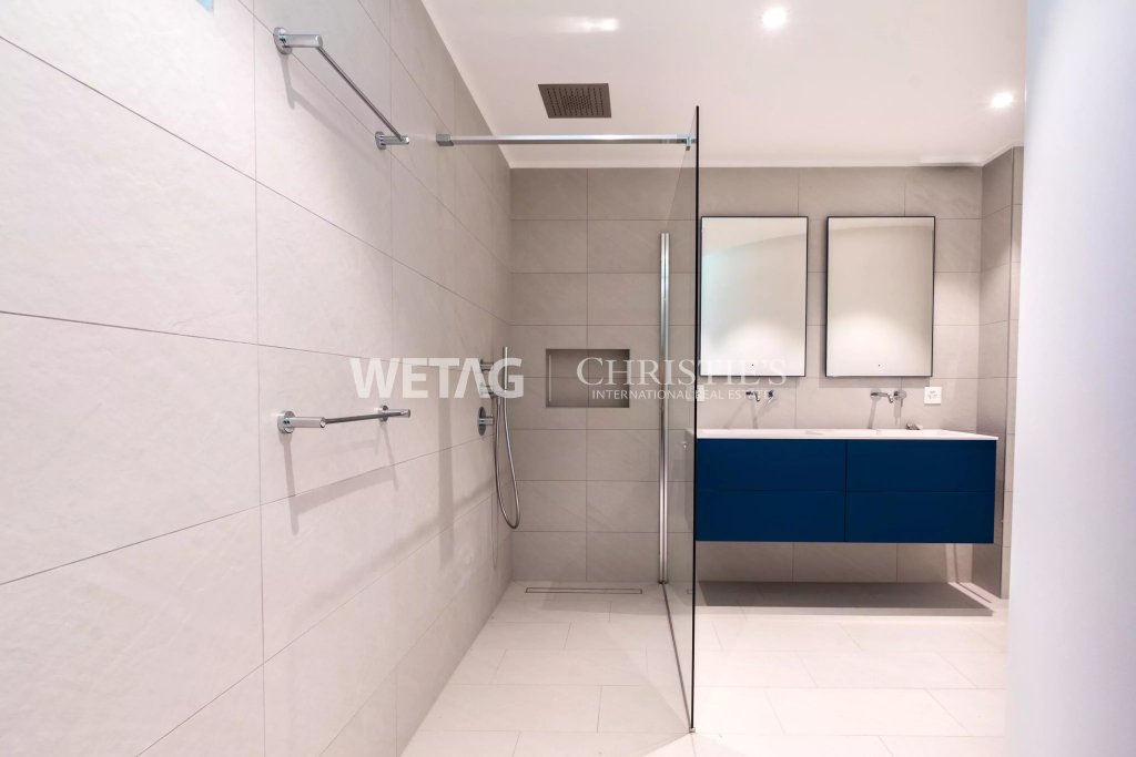 Modernes Badezimmer mit begehbarer Dusche und schwebendem Waschtisch