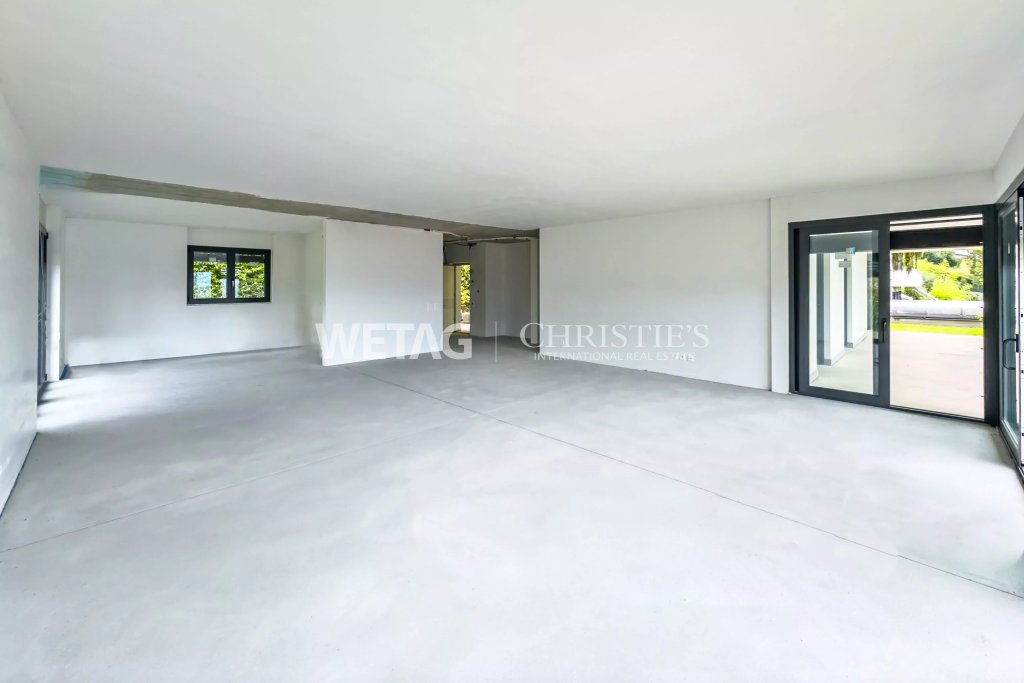 Großer leerer Wohnraum mit Terrasse