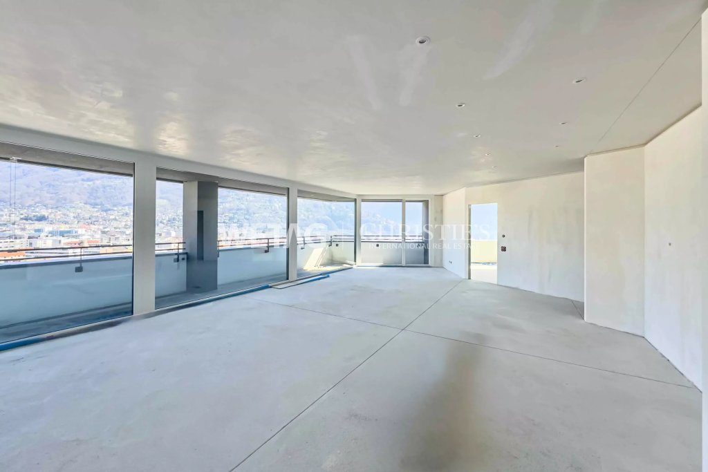 Großer leerer Wohnraum mit Panoramafenstern und Terrasse