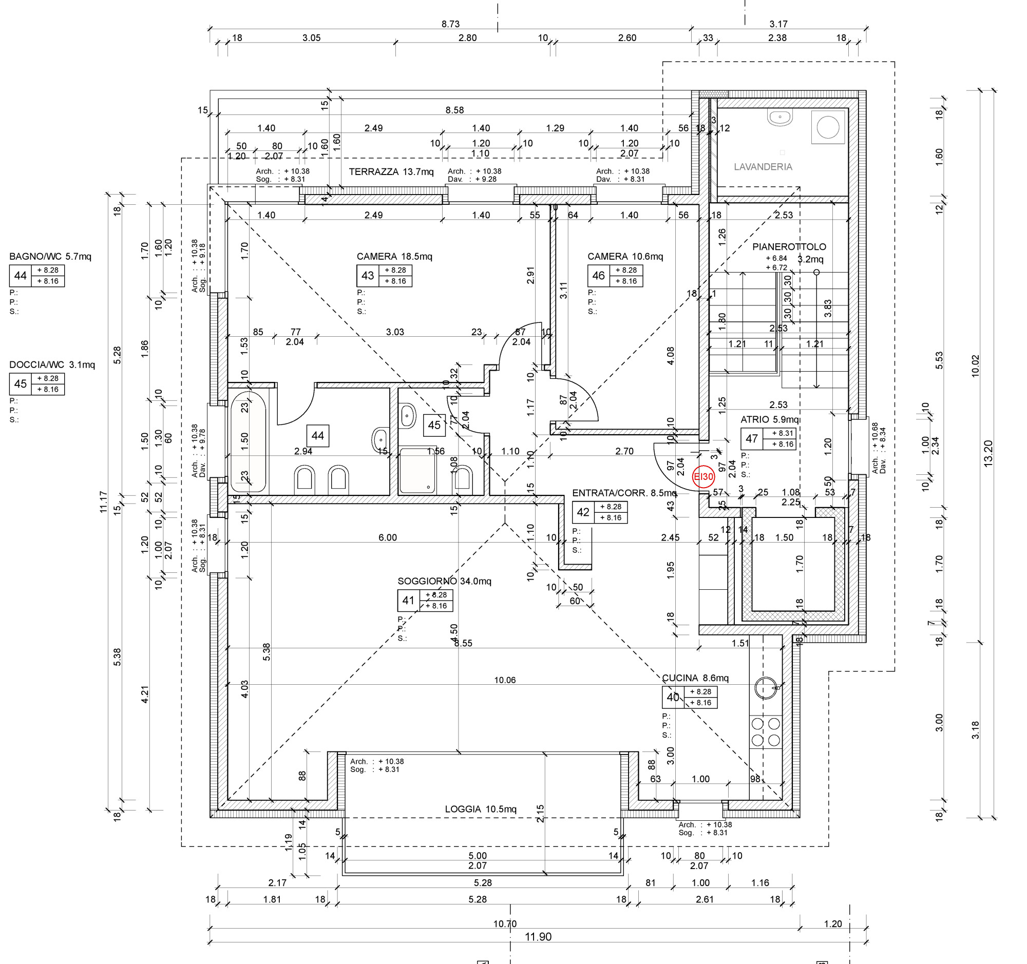 Grundriss einer Wohnung mit Terrasse, Loggia und mehreren Räumen