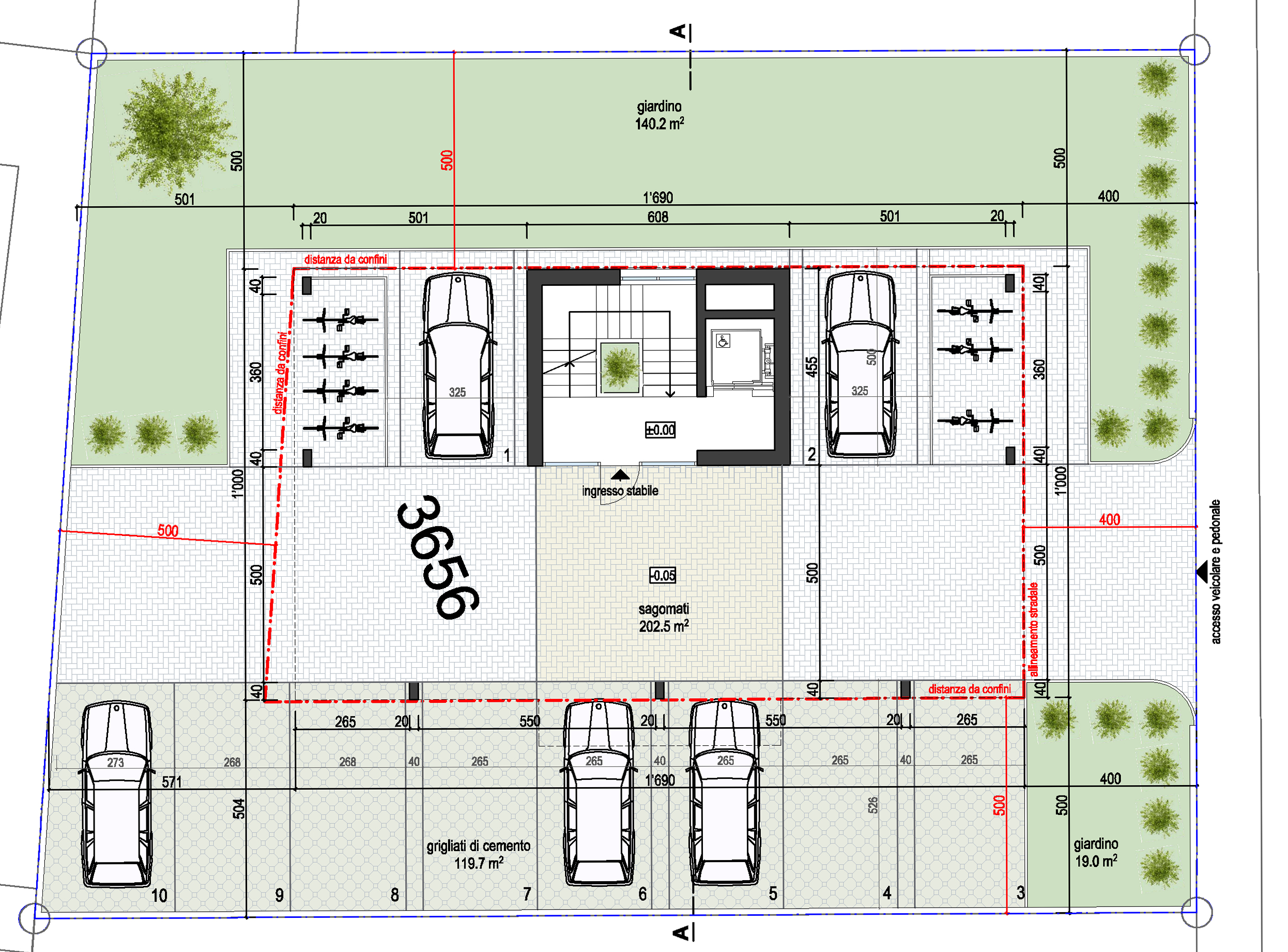 Grundriss mit Garten und Stellplätzen