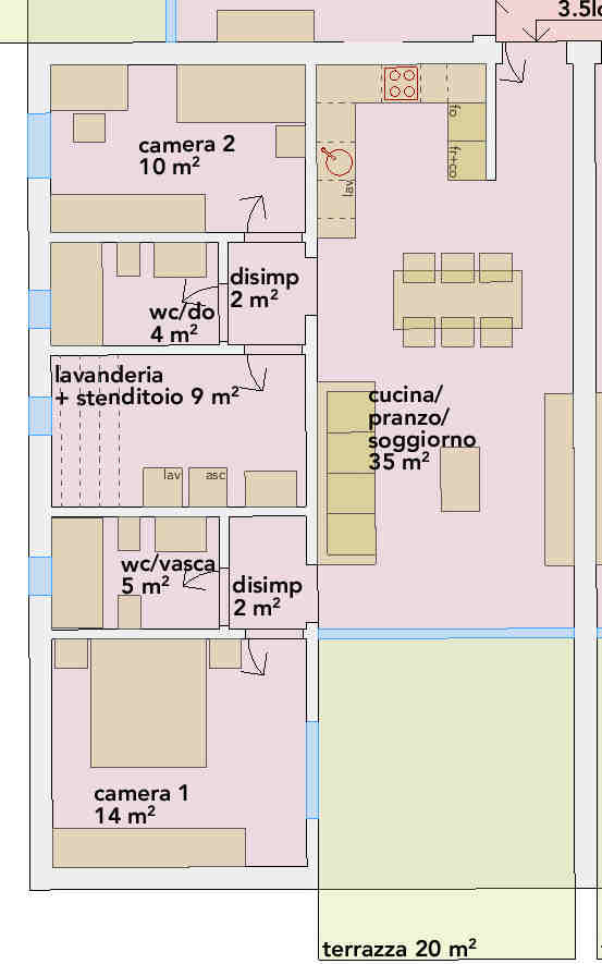 Grundriss einer Wohnung mit mehreren Räumen und Terrasse