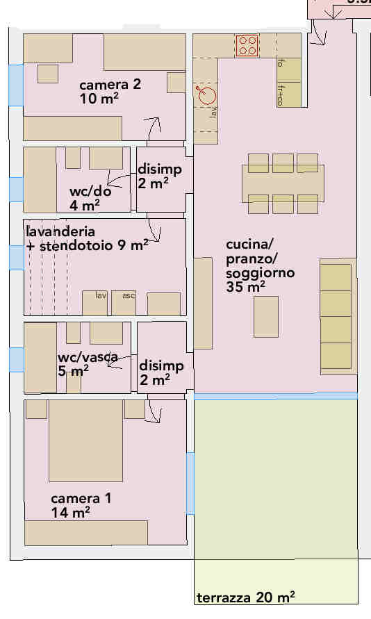 Grundriss einer Wohnung mit beschrifteten Räumen und Terrasse