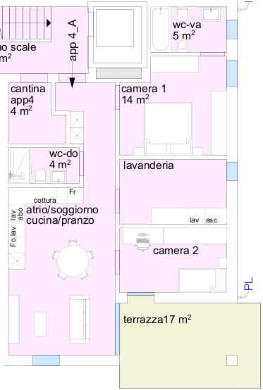 Grundriss mit mehreren Räumen und Terrasse