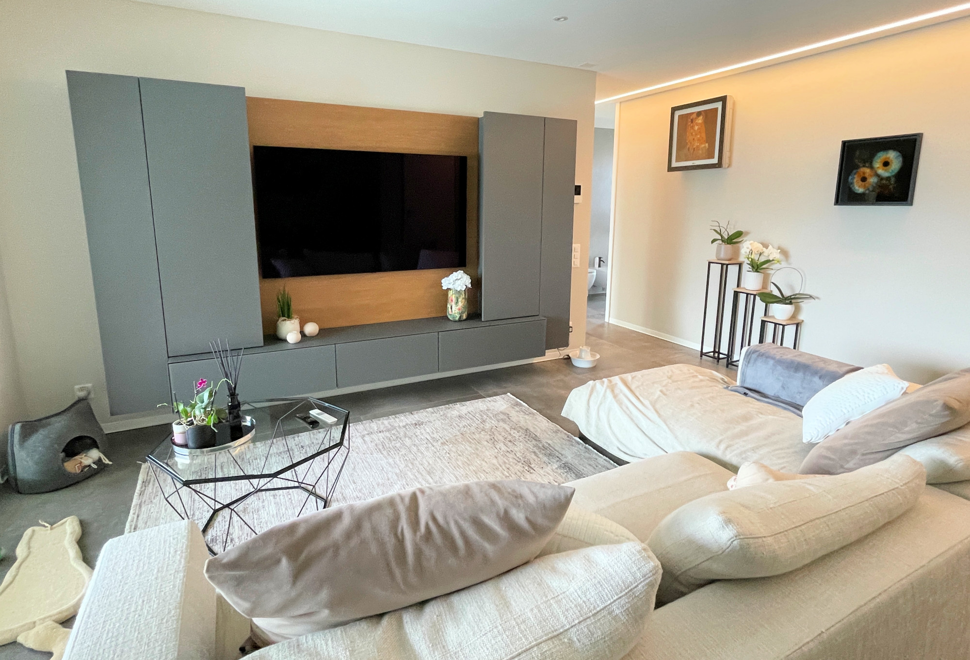 Modernes Wohnzimmer mit TV-Wand und Sofa