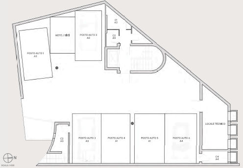 Grundriss einer Garage mit Stellplätzen und Nebenräumen