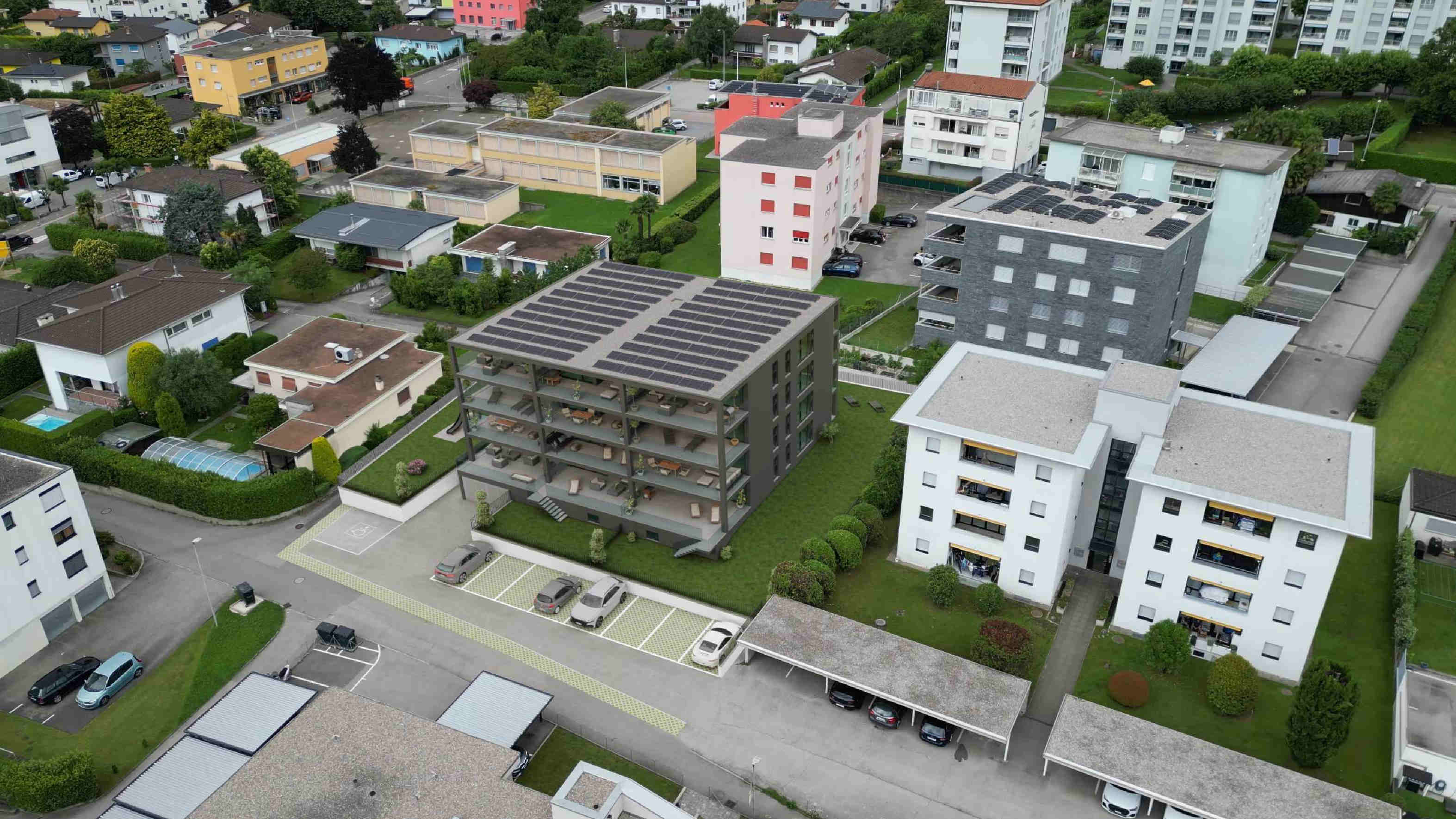 Luftaufnahme eines Wohnquartiers mit Mehrfamilienhäusern
