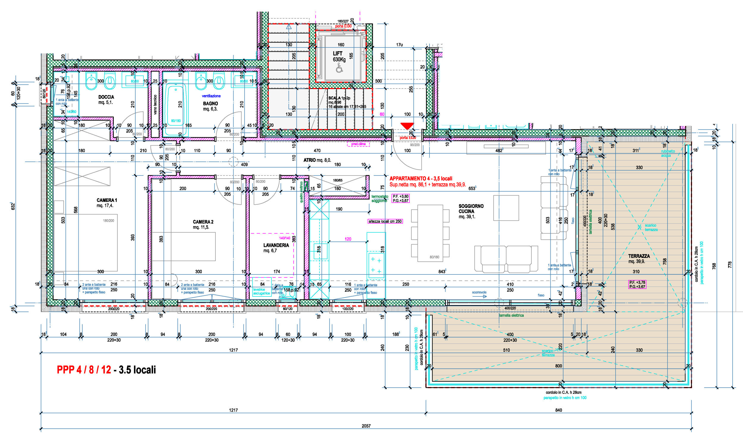 Grundriss einer 3,5-Zimmer-Wohnung mit Terrasse