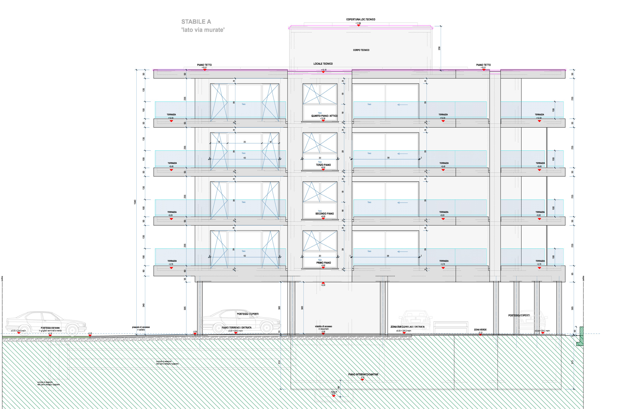Architektur-Ansicht eines Mehrfamilienhauses mit Terrassen und Garagen