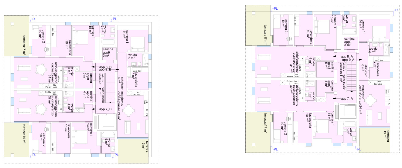 Grundriss einer Wohnanlage mit mehreren Appartements und Terrassen