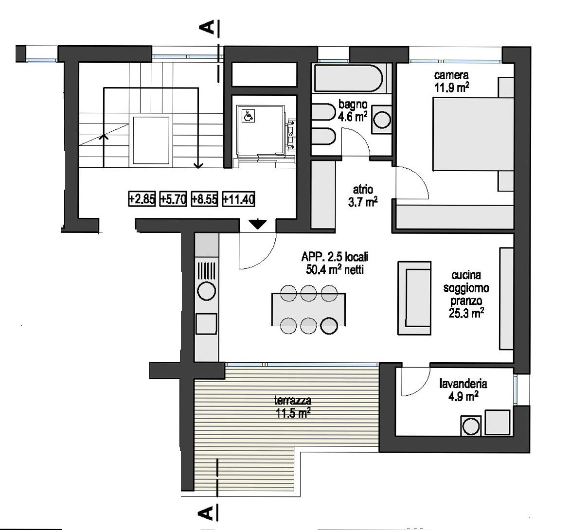 Grundriss einer 2,5-Zimmer-Wohnung mit Terrasse