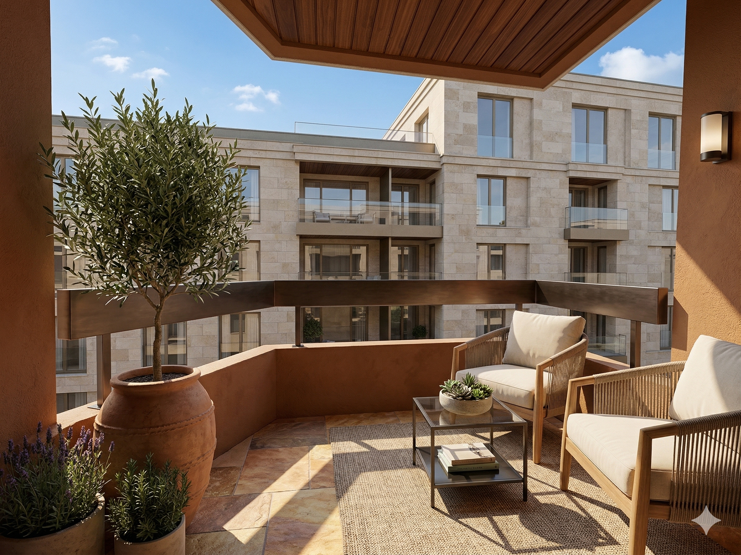 Terrasse mit Sitzgruppe und Blick auf den Innenhof