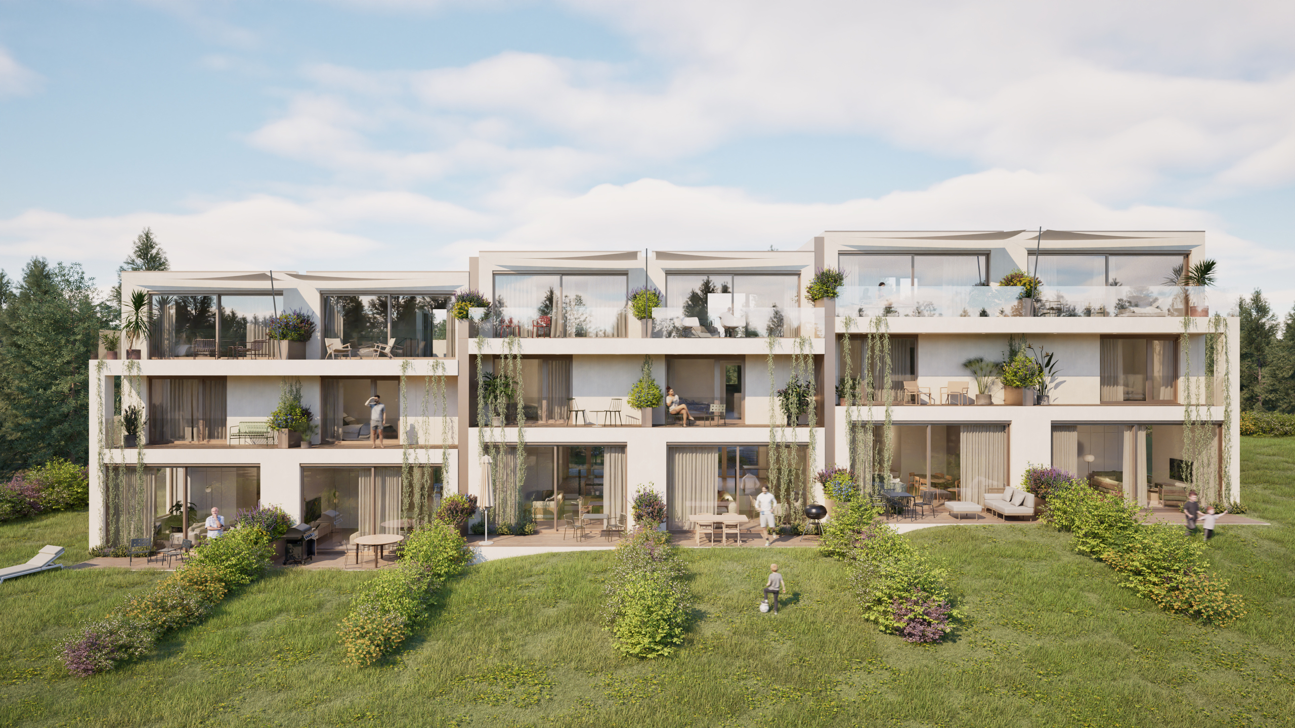 Moderne Wohnanlage mit Terrassen und Garten