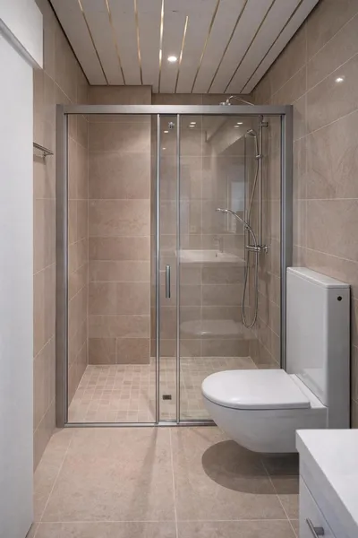Modernes Badezimmer mit begehbarer Dusche und Wand-WC