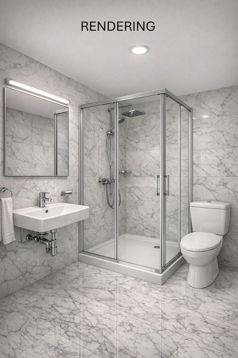 Modernes Bad mit Walk-in-Dusche und Wand-WC