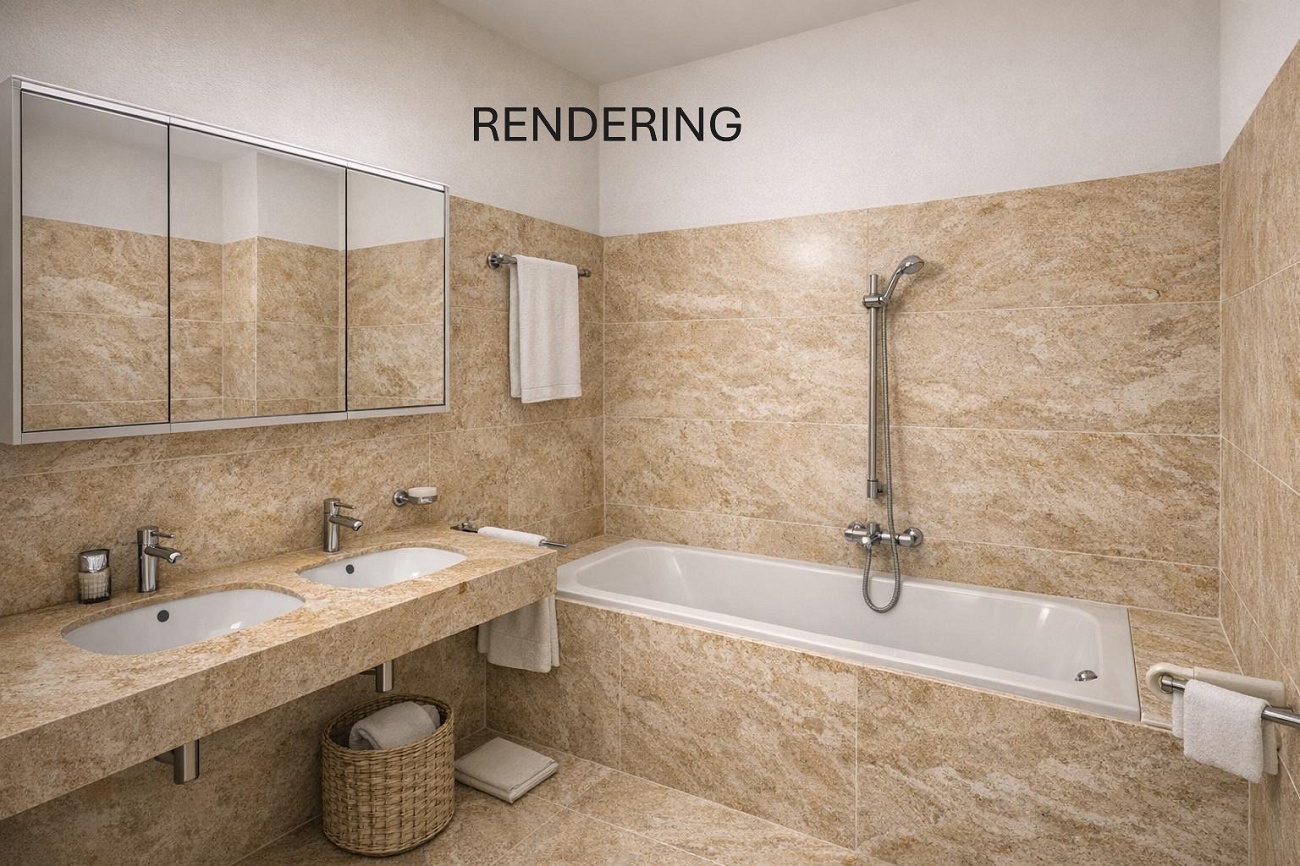 Modernes Badezimmer mit Wanne und Doppelwaschbecken