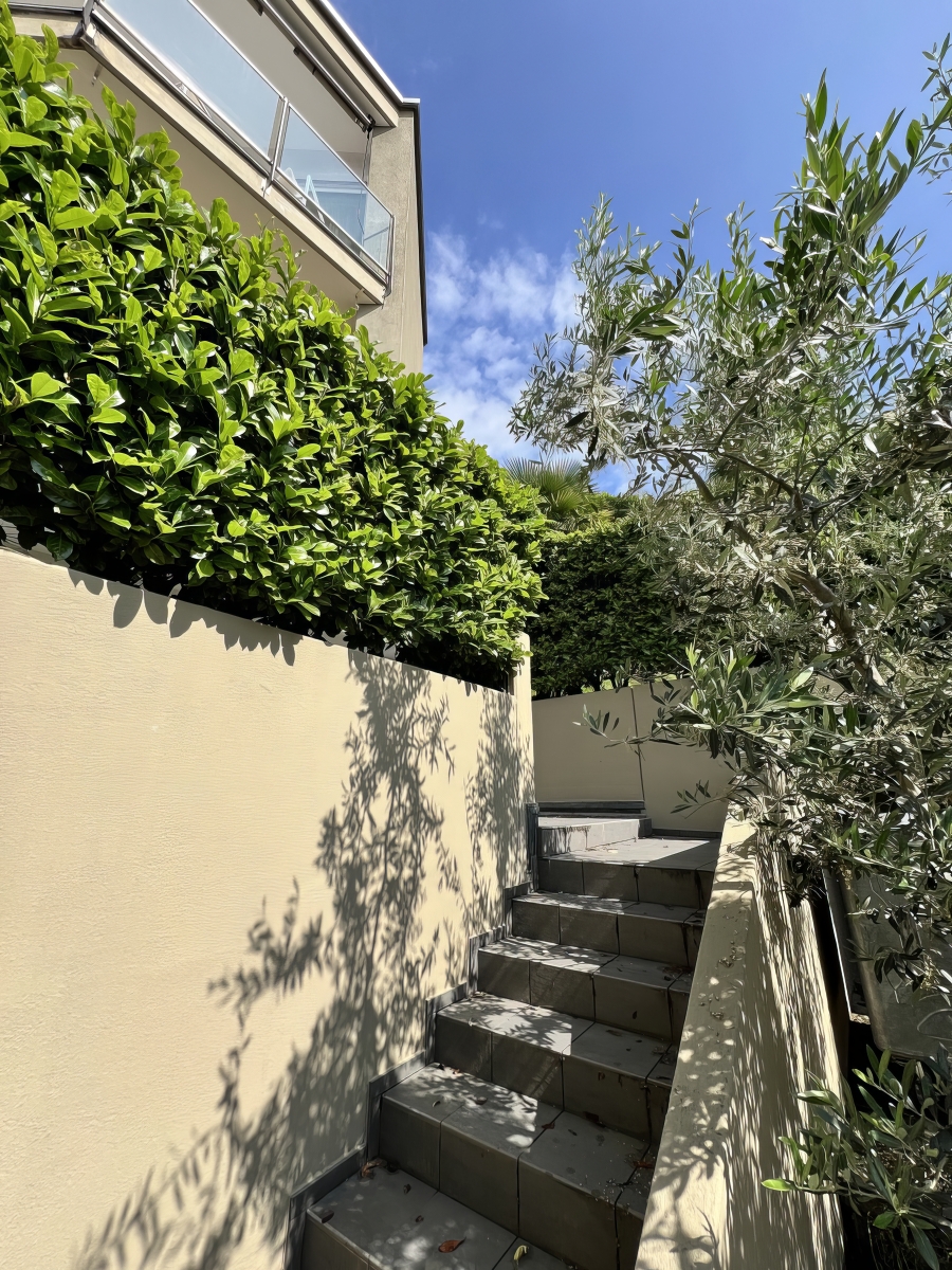 Außenansicht mit Treppe und Begrünung