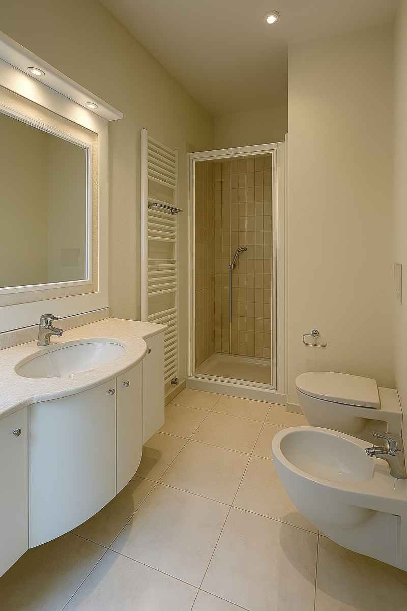 Helles Badezimmer mit Dusche, Waschtisch und Bidet/WC