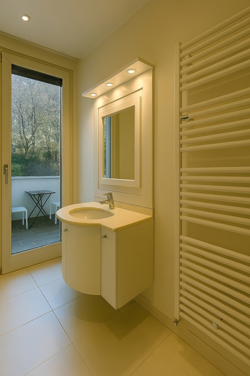 Helles Badezimmer mit Waschtisch und Zugang zum Balkon