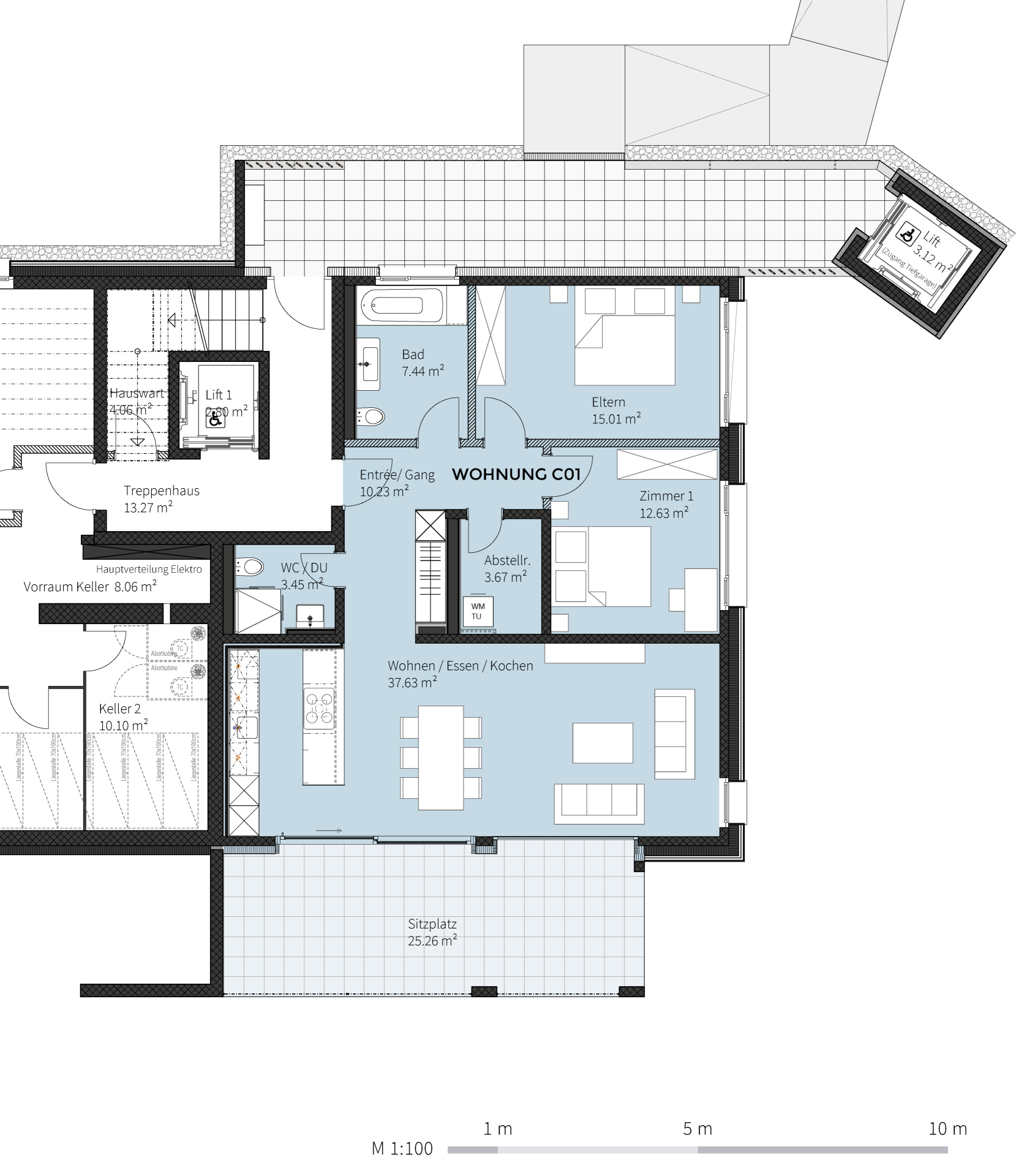 Grundriss einer Wohnung mit Terrasse und Kellerbereichen