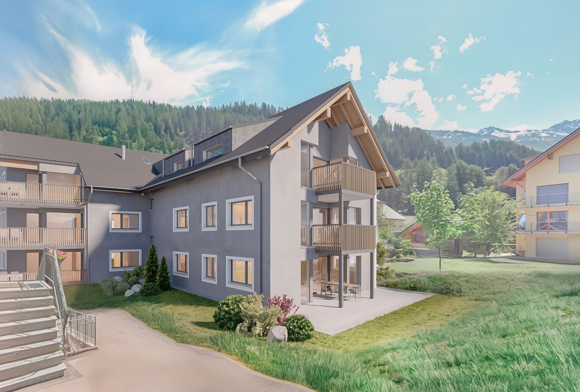 Moderne Wohnanlage mit Bergblick