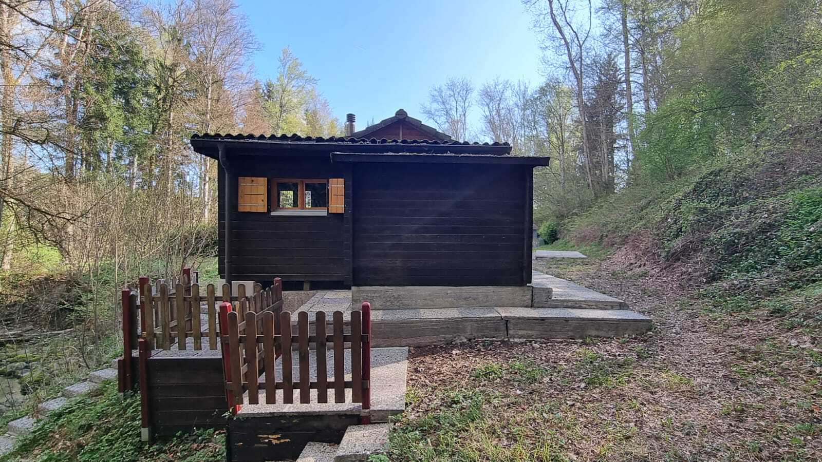 Kleines dunkles Gartenhaus im Wald