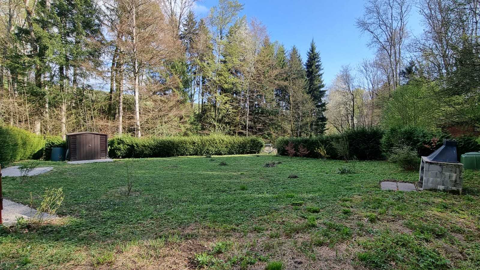 Großer grüner Garten mit Schuppen und Grillplatz