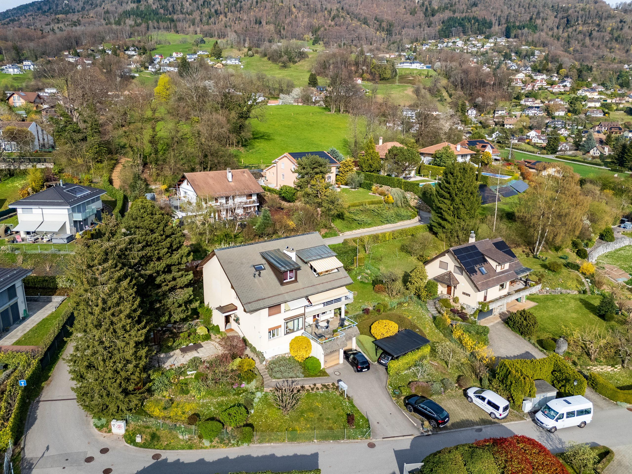Luftaufnahme eines Wohngebiets im Grünen