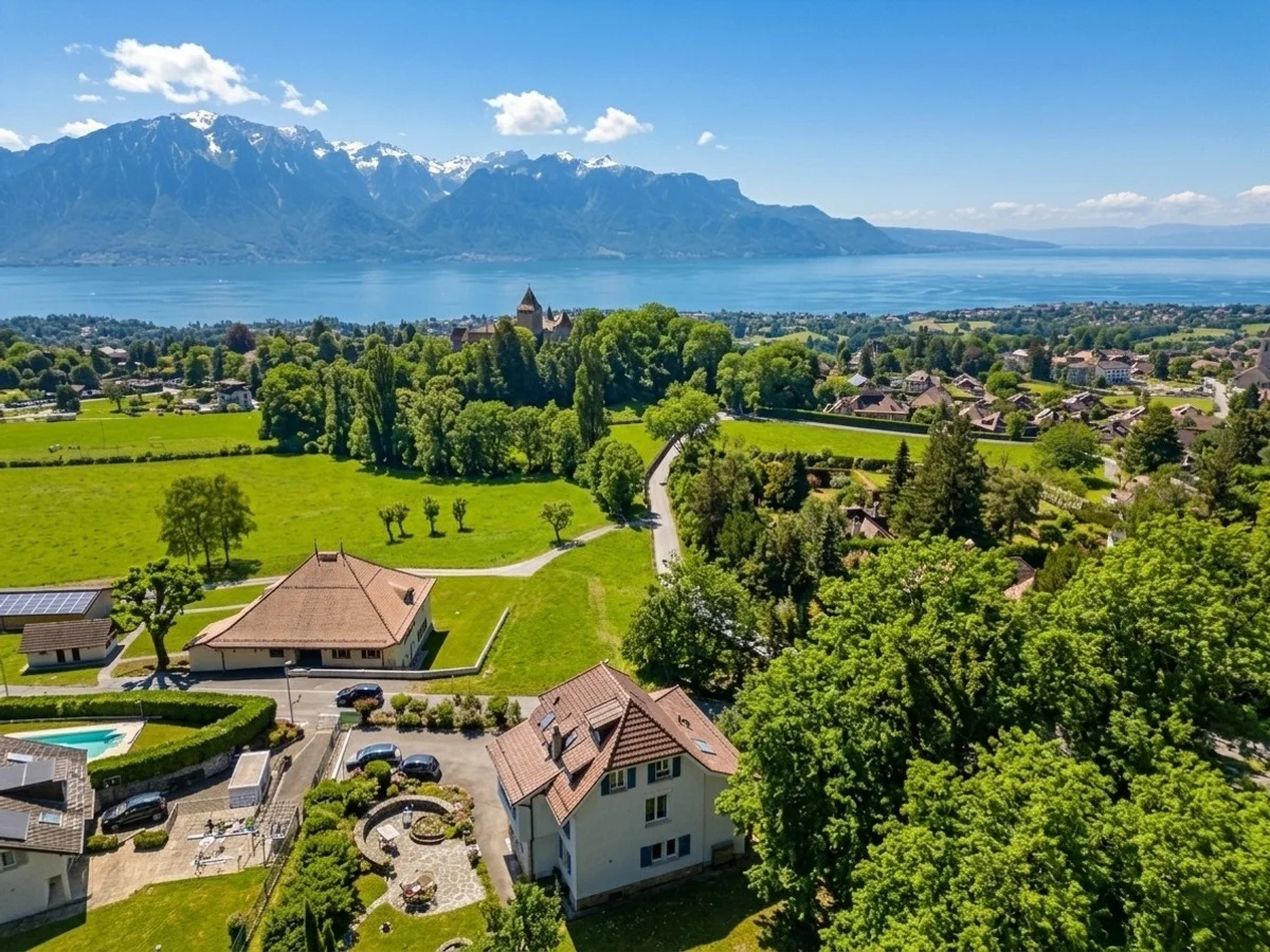 Luftaufnahme einer Seelandschaft mit Bergen und Wohngebiet