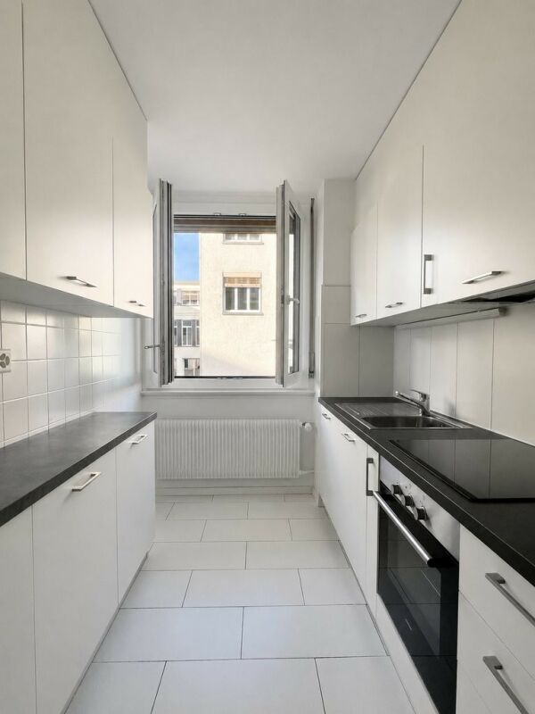 Schmale, helle Küche mit Fenster