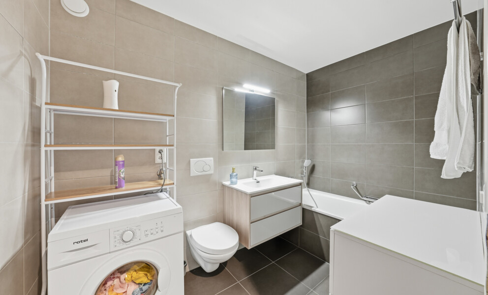 Modernes Badezimmer mit Badewanne und Waschmaschine