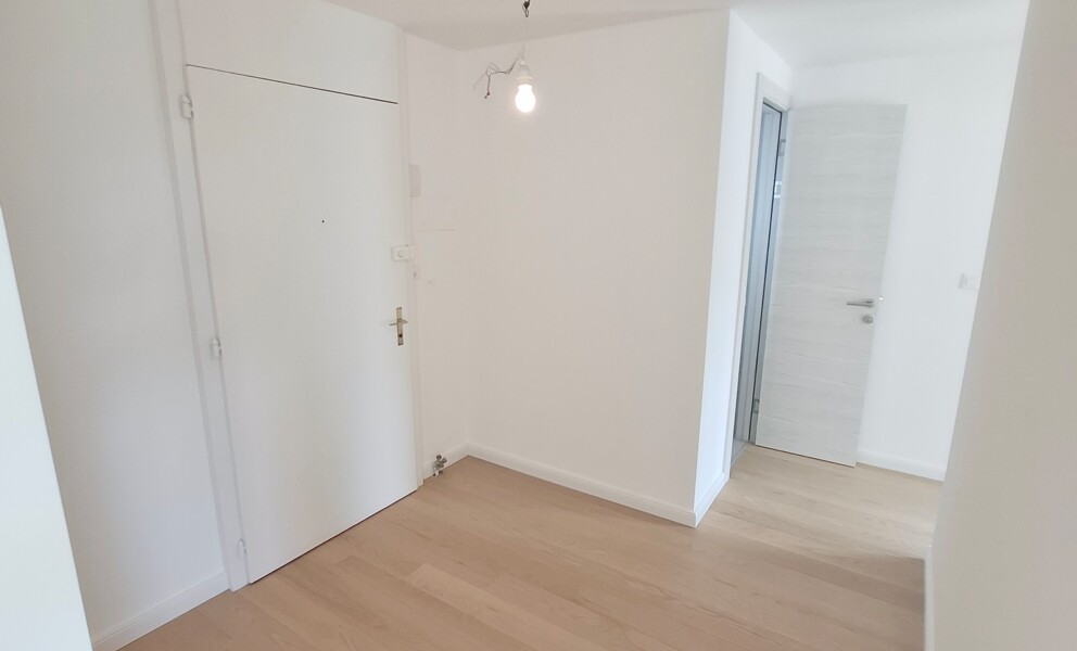 Heller Eingangsbereich mit weißer Tür und Holzboden