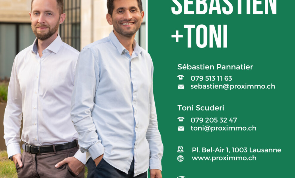 Werbebild mit zwei Personen und Kontaktdaten