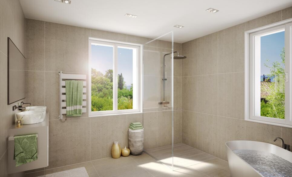 Modernes Badezimmer mit großer Walk-in-Dusche und zwei Fenstern