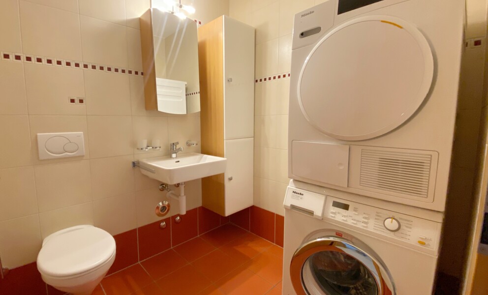 Kompaktes Badezimmer mit Waschtisch und Trockner