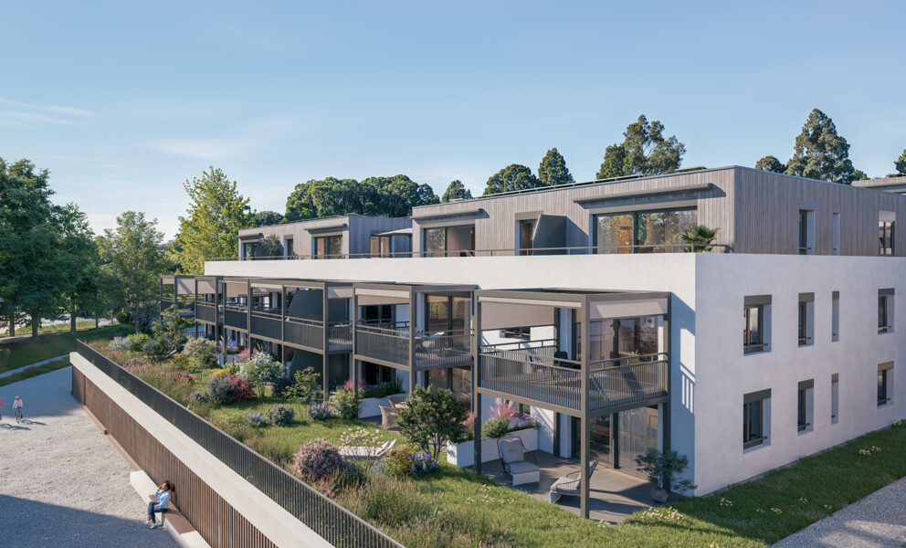 Moderne Wohnanlage mit begrünten Terrassen