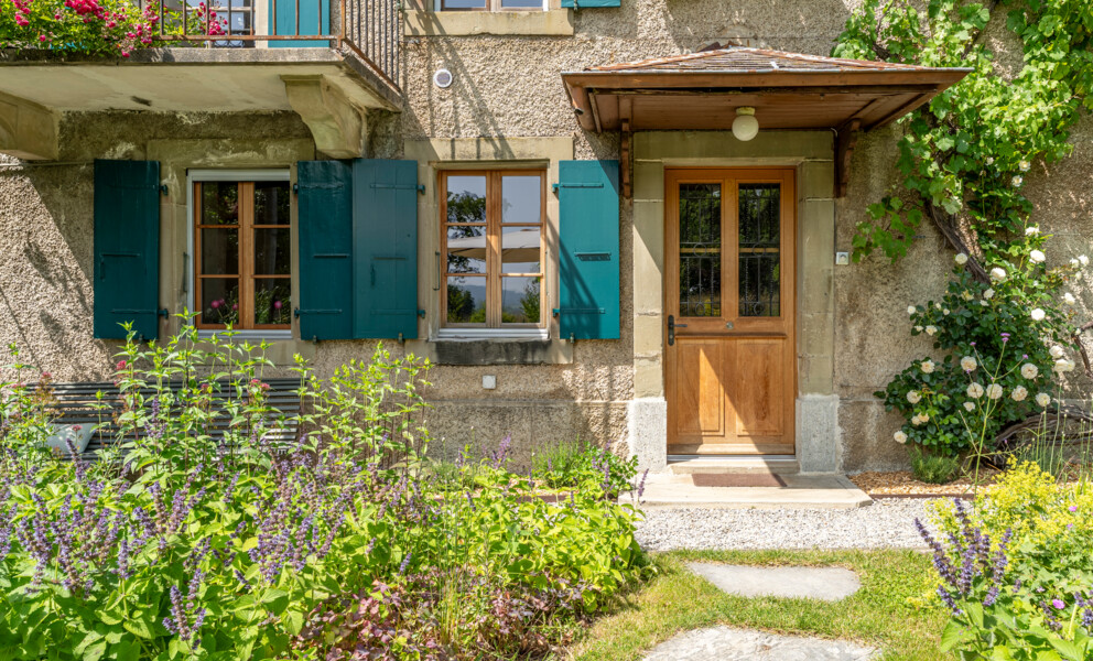Fassade mit Holztür und grünen Fensterläden