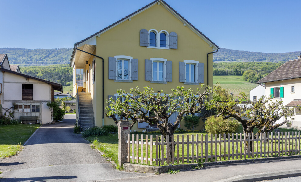 Gelbes Einfamilienhaus mit Garten und Bergkulisse