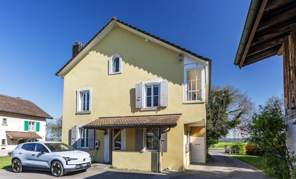 Gelbes Einfamilienhaus mit Natursteinakzenten und Carport