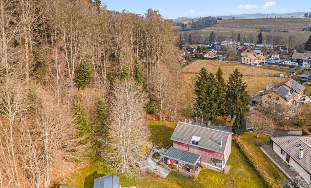 Luftaufnahme eines Hauses am Waldrand