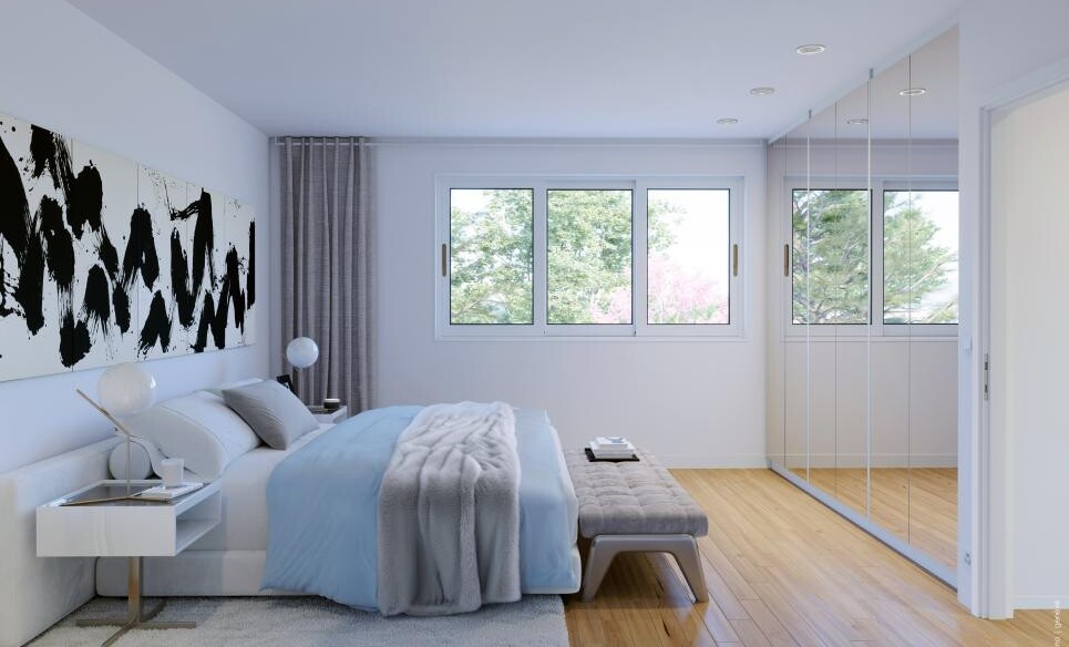 Helles, modernes Schlafzimmer mit Einbauschrank