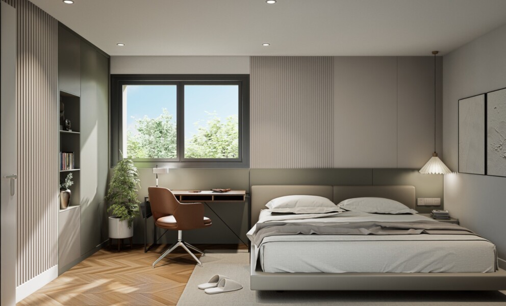 Modernes Schlafzimmer mit Arbeitsplatz