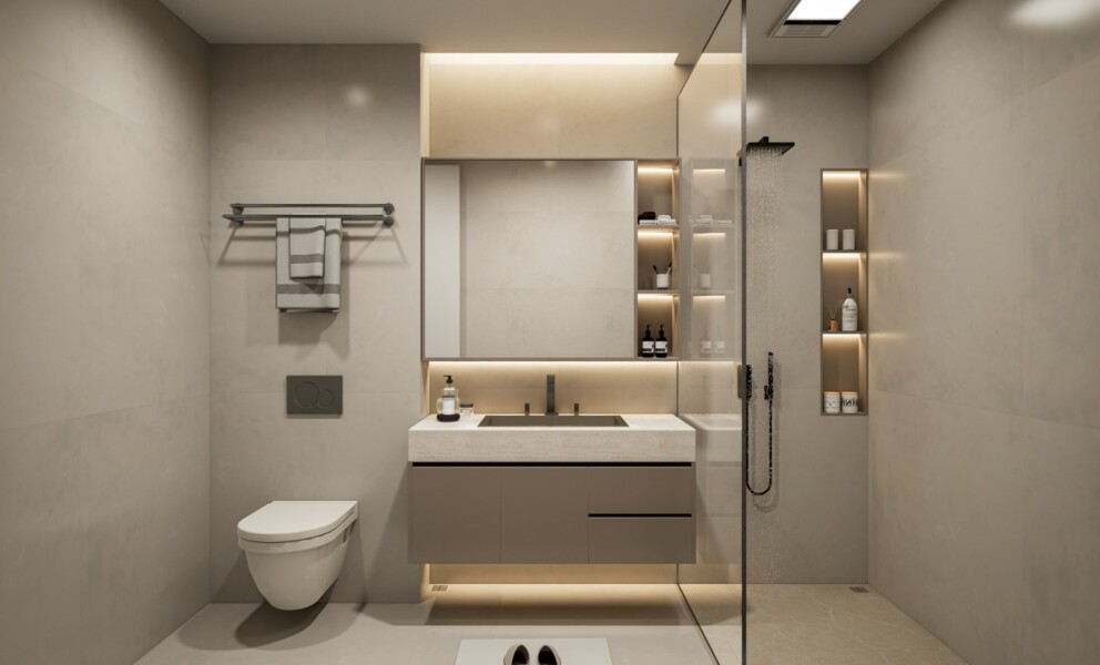 Modernes Badezimmer mit integrierter Waschtischzone