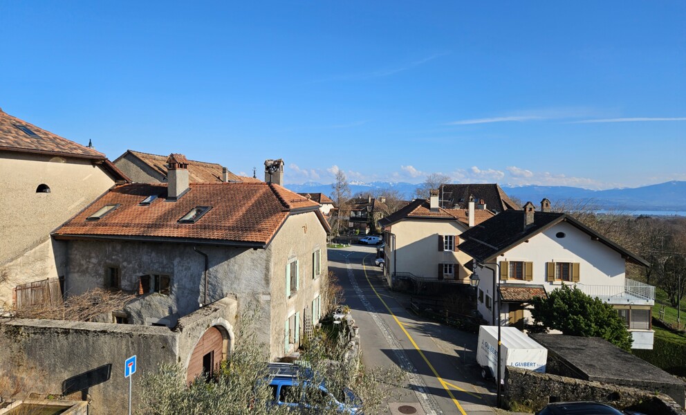 Häuser an einer Straße mit Bergblick