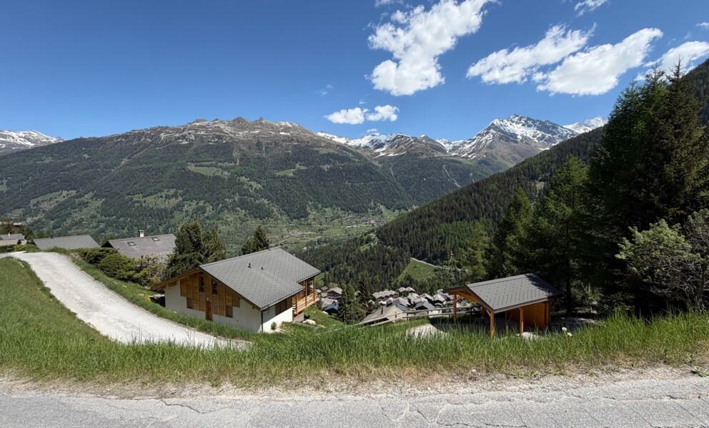 Alpines Bergpanorama mit Chalet- und Dachansichten