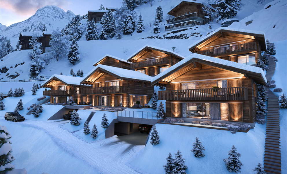 Alpine-Chaletanlage im Schnee