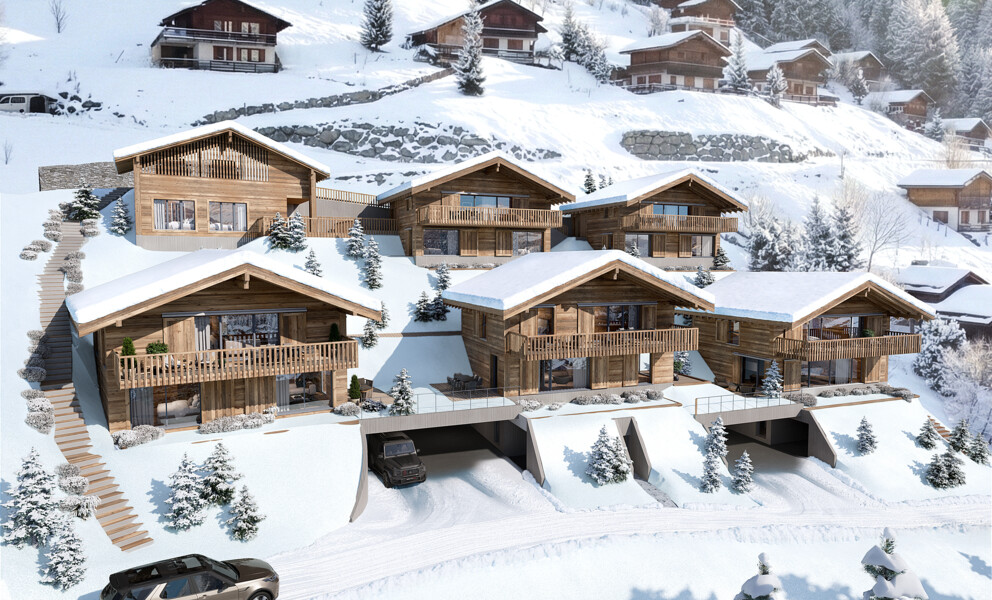 Alpine Holzchalets im Schnee