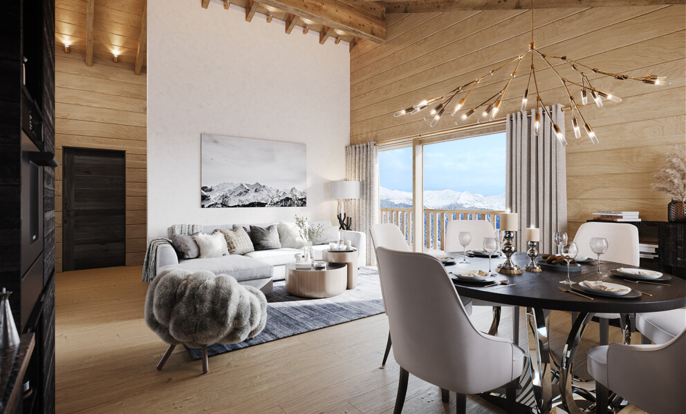 Modernes alpines Wohn- und Esszimmer mit Panoramafenster