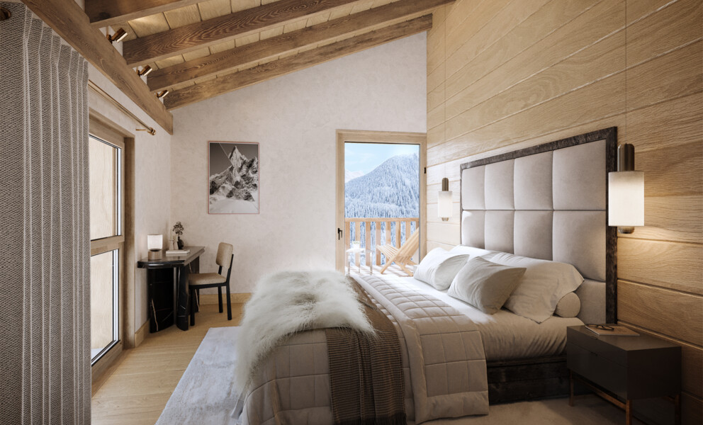 Gemütliches Chalet-Schlafzimmer mit Bergblick