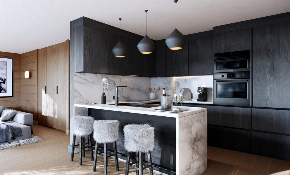 Offene Designküche mit Wohnbereich